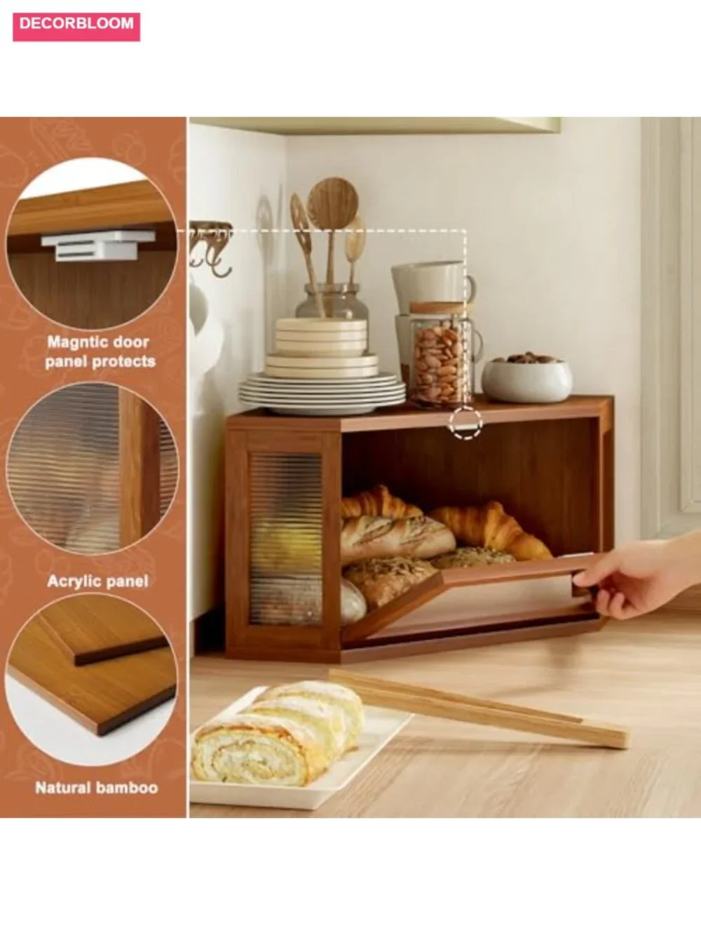 Corner Bread Box Bamboo Storage Acrylic Wavy Door